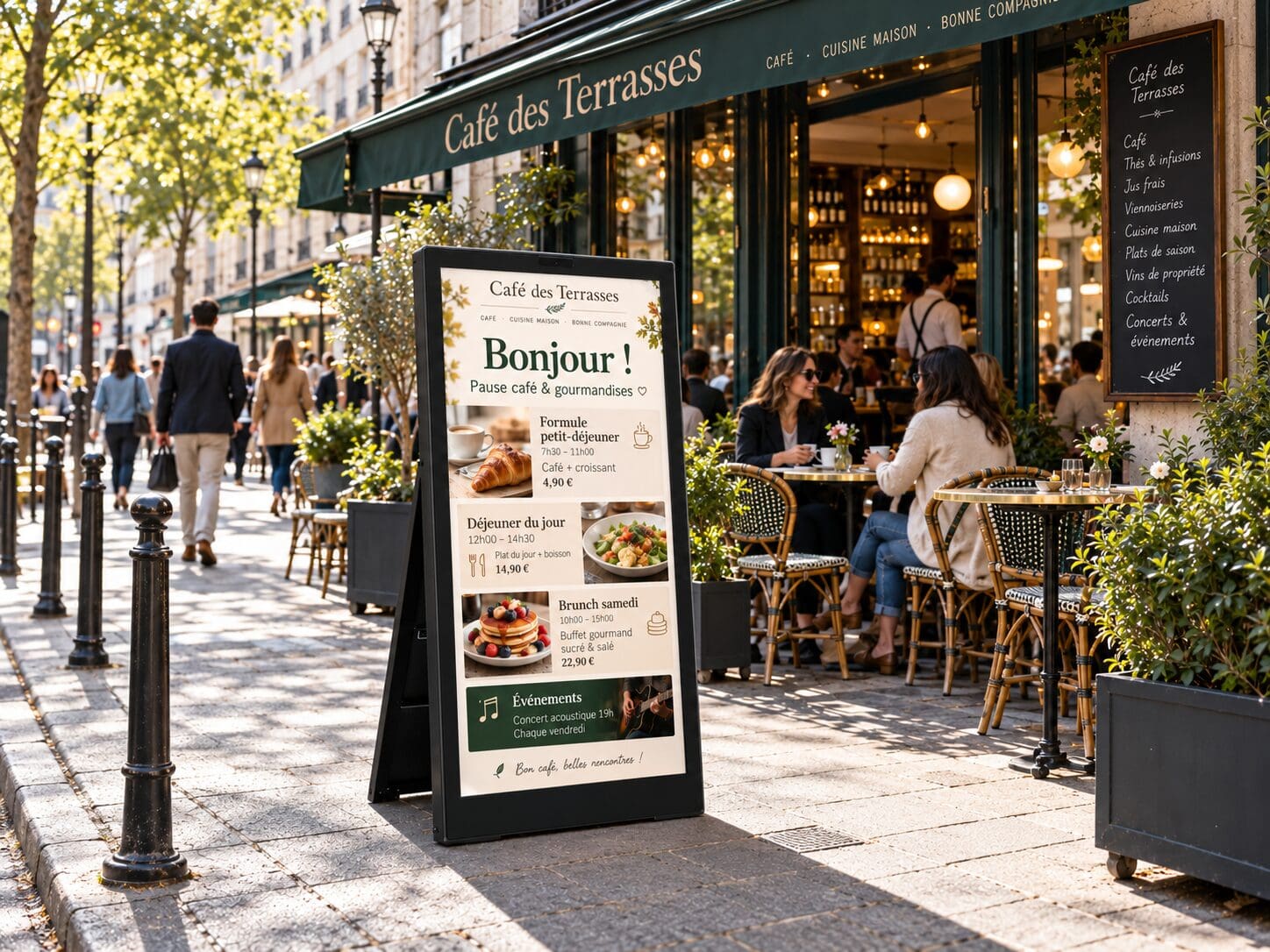 Terrasse parisienne au Café des Terrasses Stop trottoir digital devant un café